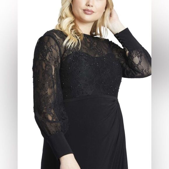 NWOT Mac Duggal | 67143F Black Lace Bodice Long Sleeve Plus Size Gown 14W - Picture 6 of 13